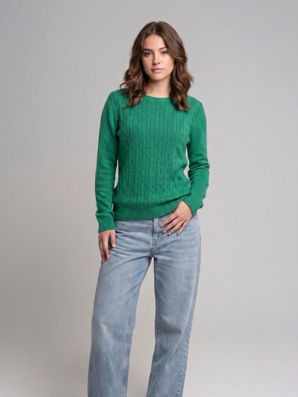 Talbots Emerald Green Cable Knit Crewneck Sweater